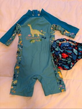 Blue Dinosaur Kids Rash Guard Swimsuit Set